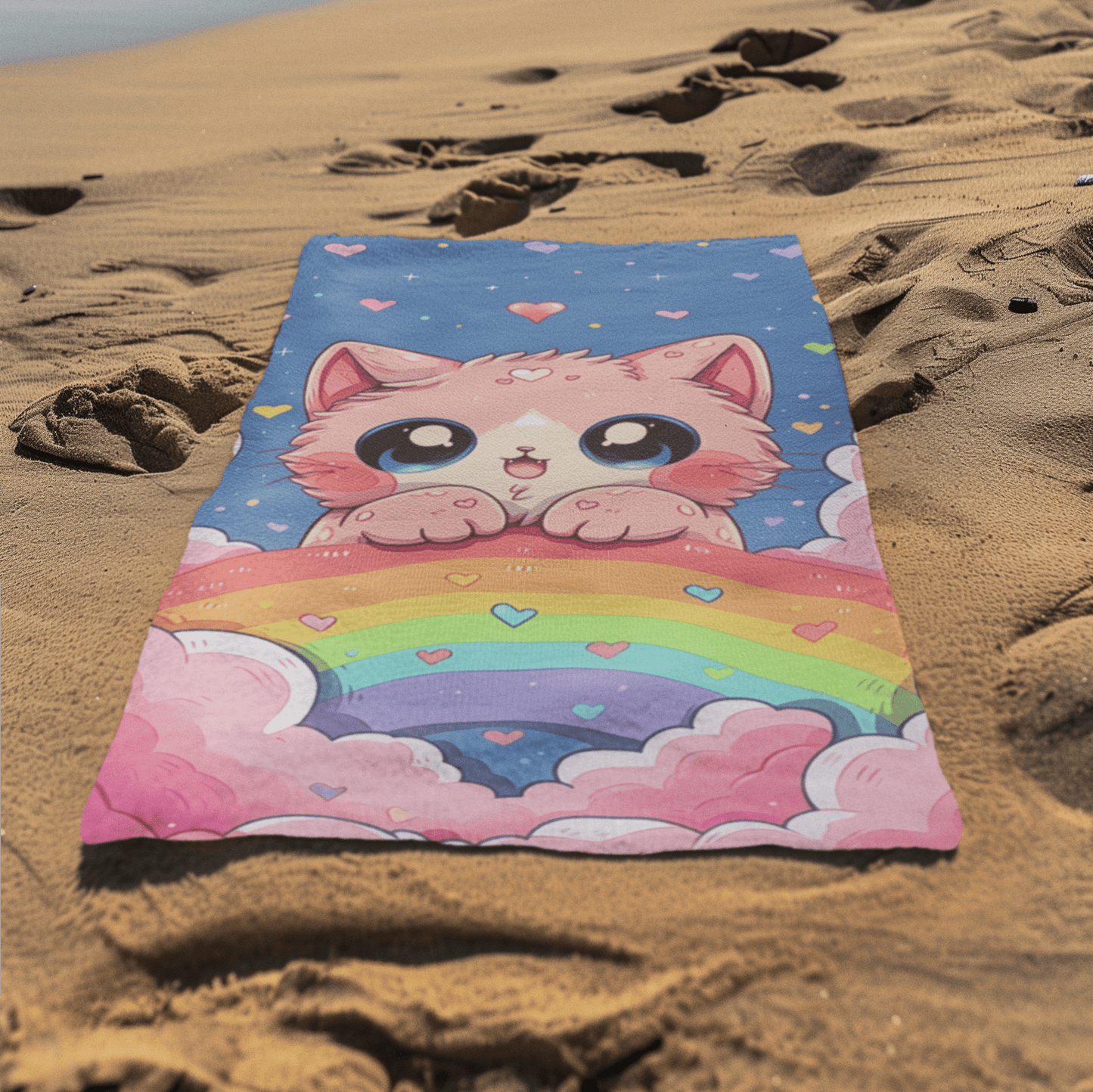 Adorable Kitty on Rainbow Beach Towel - Home Decor - The Lucky Wombat